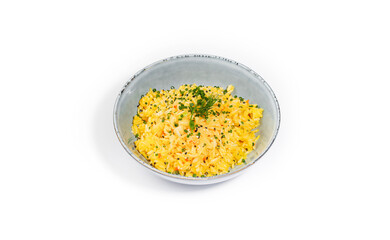 Vibrant Turmeric Rice with Sesame Seeds and Fresh Herbs in a Ceramic Bowl