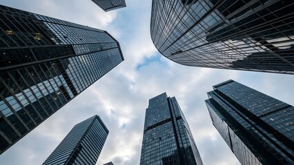 Dramatic low angle view of modern skyscrapers reaching into cloudy sky