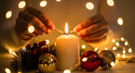 Hands light a white candle with a match, surrounded by Christmas ornaments and warm fairy lights.