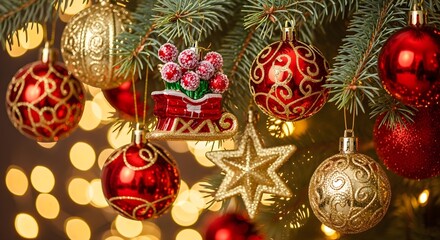 Christmas tree branch adorned with red and gold ornaments and a sleigh decoration, with warm bokeh lights in the background.