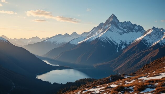 Above glittering alpine lakes, snow-capped mountains rise majestically, reflecting a sky painted in exquisite morning hues. - Powered by Adobe