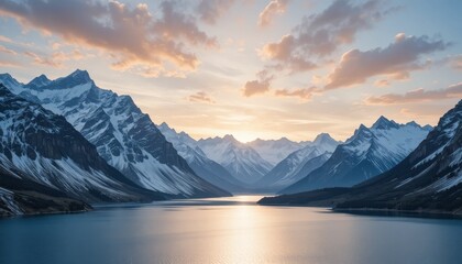 Snow-capped mountains rise boldly above shimmering alpine lakes, reflecting a sky painted with delicate hues of dawn