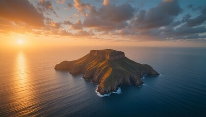 “Remote uninhabited island at sunrise, golden light reflecting on calm ocean, dramatic cliffs, vivid colors, nature travel scenery, high-detail aerial view”