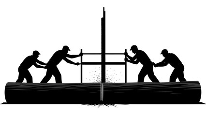 Woodworkers collaborate sawing a large log with a two-man saw and sawhorse setup