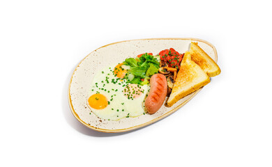 Hearty Breakfast Platter with Fried Eggs, Grilled Sausage, Toast, Baked Beans, and Mushrooms on a Rustic Plate