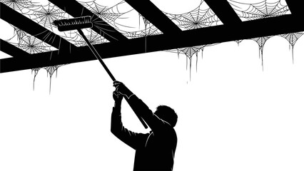 Man Cleaning Cobwebs From Ceiling with a Long Brush