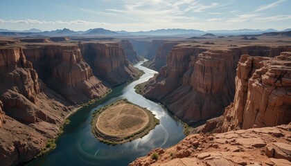 Beneath the huge, cloudless desert sky, a meandering river catches glimmers of light as it cuts through the steep canyon walls.