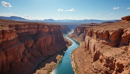 A winding river carves through rugged canyon walls, catching glimmers of light beneath the vast, cloudless desert sky.