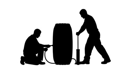 Two silhouetted figures inflating a large tire using a manual pump on a white background