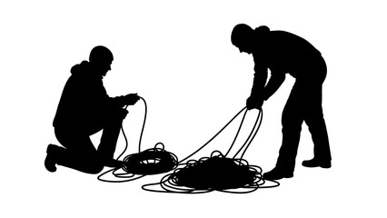 Two people working together with ropes and cables on a white background