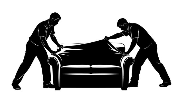 Two men covering a sofa with a sheet, symbolizing moving, storage, or protection
