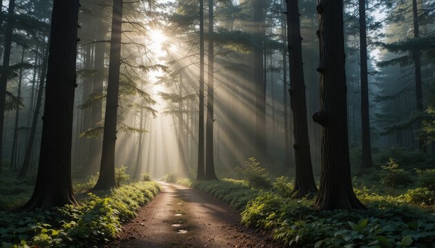 A serene forest road with towering evergreen trees and a gentle mist floating through the branches is illuminated by the gentle morning sunlight.