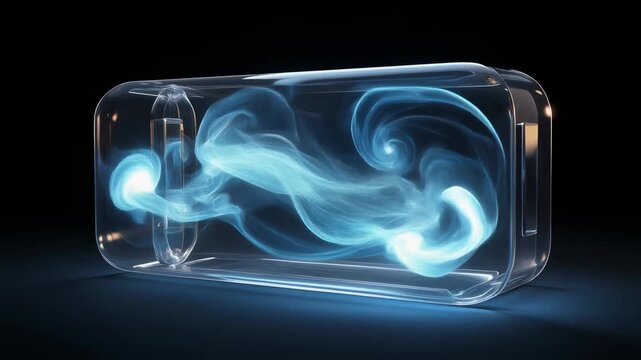 Glowing blue smoke-like substance swirling inside a transparent rectangular container, illustrating fluid dynamics or energy.