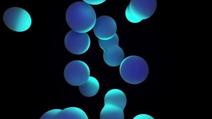 Seamless loop background with vibrant blue and cyan glowing bubbles floating up in lava lamp style. Abstract tranquil screensaver with 3D blobs and luminous effect in dark empty space. Looped 4K 60fps