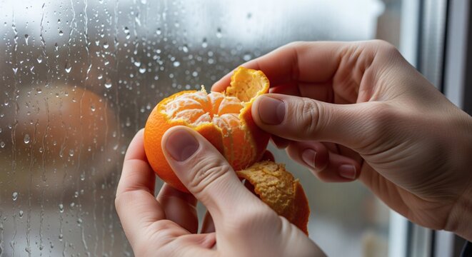 Hands peeling a juicy tangerine by a rain-streaked window indoors.