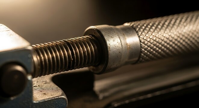 Detailed close-up of metallic bench vice with threaded rod mechanics
