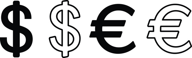 Currency symbol icons, dollar and euro signs, solid and outline styles, financial vector design, black and white layout, money illustration
