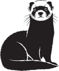 Illustration of a ferret sitting gracefully, depicted in striking black and white vector art with a direct gaze.