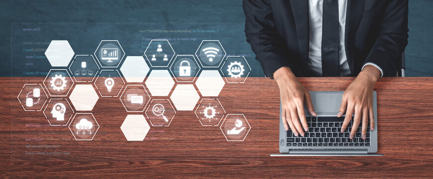 Hexagon interface combining AI, data, analytics, and cybersecurity. AI connects systems, data drives analytics, data supports decisions, and AI enables smart business infrastructure. Vouch