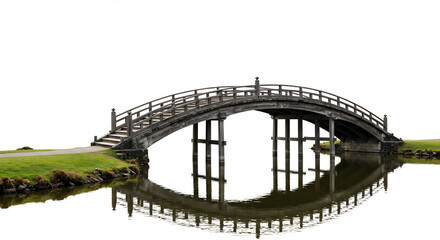 Elegant wooden arch bridge perfectly isolated on a bright white background reflecting clearly in still water. AI Generated
