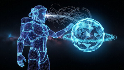 Digital astronaut interacts with a digital planet emitting light beams in a futuristic setting