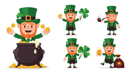 Colorful cartoon seamless pattern for Saint Patrick's Day celebration featuring traditional Irish symbols like leprechauns, shamrocks, and pots of gold