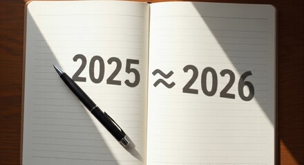Notebook shows that 2025 is approximately equal to 2026 with pen