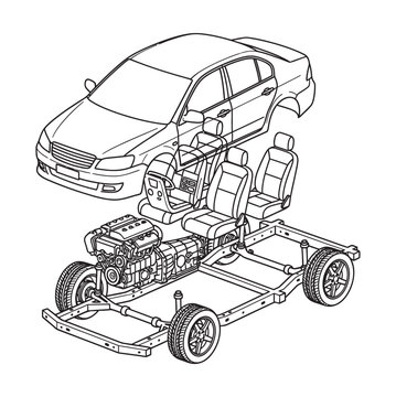 Exploded view of a car's internal and external components, including chassis, engine, interior, and body shell.