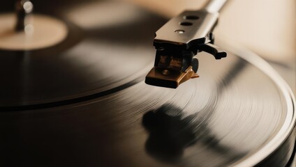 Close-up of a vinyl record player in operation.