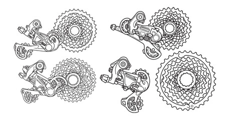 Detailed line drawings of bicycle rear derailleurs and multi-speed cassettes for cycling enthusiasts.