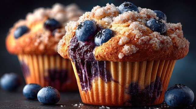"Photorealistic close-up of a blueberry muffin, detailed textures and soft crumbs, soft shadows, macro perspective for bakery or digital design projects.