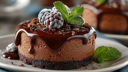 "Photorealistic close-up of a chocolate mousse dessert, glossy textures, soft shadows, macro perspective for culinary illustrations or design projects.