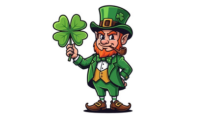 Fototapeta premium Leprechaun holding a clover with pipe in cartoon style