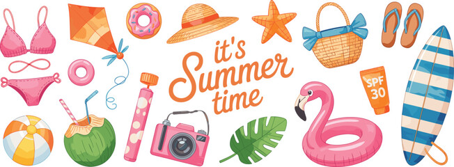 Summer beach items, tropical vacation essentials, colorful accessories, poolside fun, bikini, surfboard, sunscreen, flamingo float, coconut drink, festive vector illustration