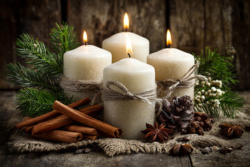 Cozy Christmas Candles with Cinnamon Sticks and Pine Cones Setting the Mood for a Holiday Celebration, Rustic and Warm Ambience