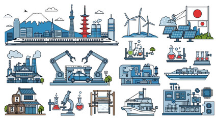 Obraz premium Explore vibrant Japanese industry and iconic landmarks with this illustration featuring technology, manufacturing, and renewable energy sources for a modern feel