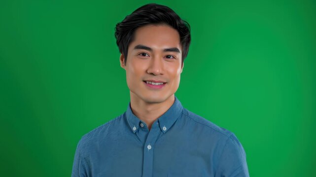 Cheerful man thinking person male smiling green background with casual shirt and friendly expression, confident calm mood, studio portrait headshot focus, optimistic energy and relaxed pose