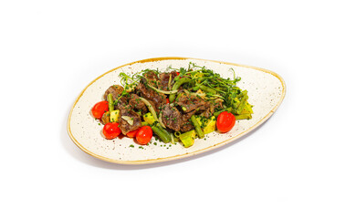 Gourmet Beef Stir-Fry with Green Beans, Cherry Tomatoes, and Microgreens on Rustic Ceramic Plate