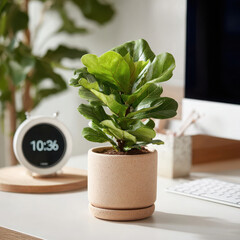 Fiddle leaf fig plant in ceramic pot on desk with clock