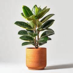Green rubber plant with variegated leaves in orange pot