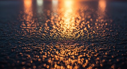 Golden sunset light reflects off dark ocean water at dusk or dawn.