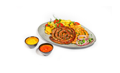 Grilled Sausage Platter with Roasted Potatoes, Fresh Onions, and Mustard Sauces on White Background