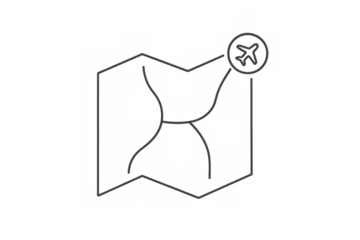 Map icon representing travel route planning, airplane navigation, destination pinpointing, and global journey tracking