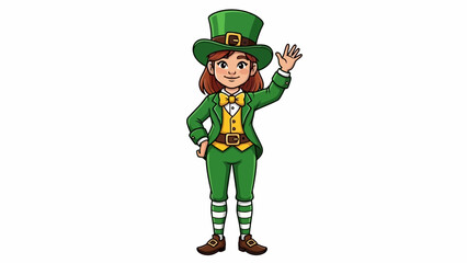Cartoon leprechaun character dressed in a green suit and hat, waving hello and standing on a white background