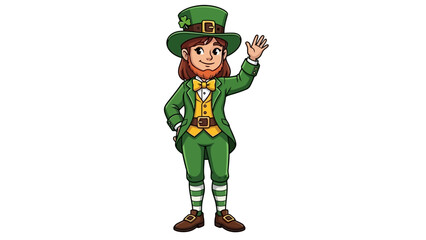 Dynamic cartoon of a determined leprechaun with red beard and green attire, fists clenched, standing against a shamrock, symbolizing Irish folklore, luck, and festivity