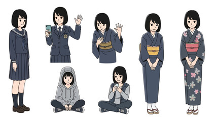 Diverse young woman in modern Japanese styles, from school uniform to kimono, expressing youth culture and tradition with a blend of casual and formal attire