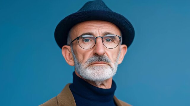 Calm thoughtful man male person thinking serene mood studio portrait of senior adult elder gentleman hat and glasses with gray beard turtleneck blue background contemplative gaze, confident expression - Powered by Adobe