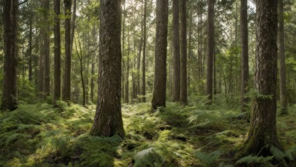 Obraz premium Lush Forest Scene - Tall Trees and Green Undergrowth.