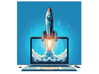 Illustration of a retro rocket launching from a laptop screen symbolizing startup launch, business growth, technology innovation, and digital success concept isolated on transparent background