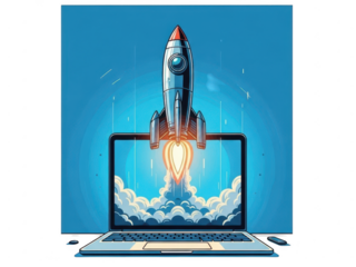 Illustration of a retro rocket launching from a laptop screen symbolizing startup launch, business growth, technology innovation, and digital success concept isolated on transparent background